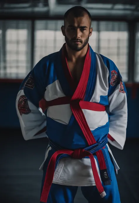 Rosto redondo, kimono de jiu-jitsu azul, faixa azul , academia gracie