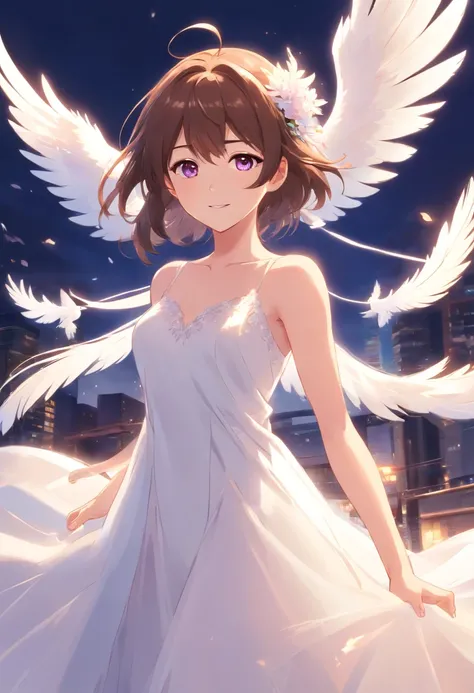 Full body white wedding dress ，The girl smiled sideways，Angel flickering in the background，The feathers slowly fell. Long Brown hair, dull purple eyes.