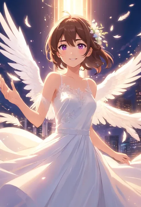 Full body white wedding dress ，The girl smiled sideways，Angel flickering in the background，The feathers slowly fell. Long Brown hair, dull purple eyes.