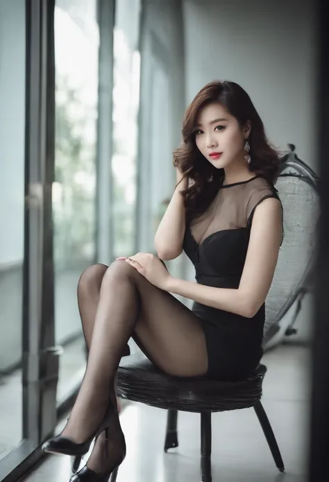 Sitting in a chair in a black dress，Korean female fashion model，transparent gray skirts，mesh shirt，Chrome clothes，Shiny silver，Luckily I showed up，Bigchest，Lingerie transparent,white skinned,black garter stockings,Overweight,thighs thighs thighs thighs,big...