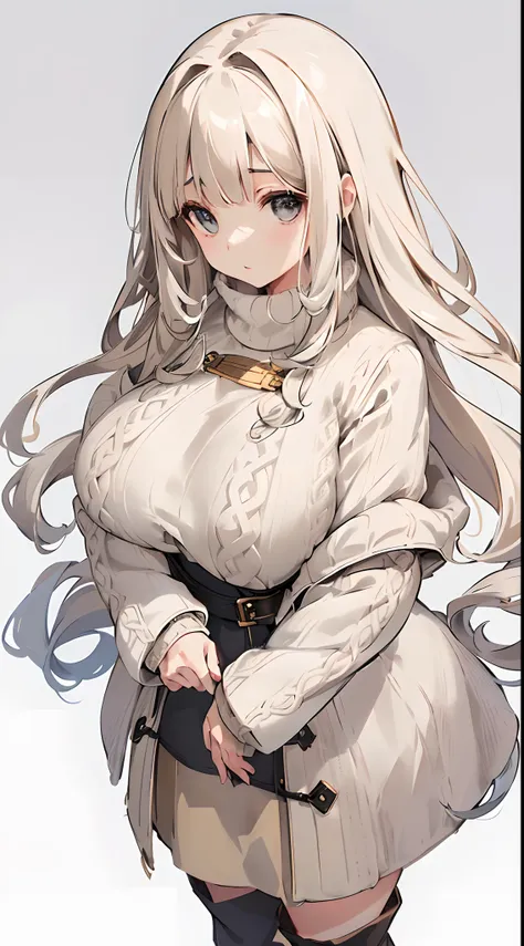 女の子 1 人、top-quality、((Longhaire、bbw、Beige hair color、knitted sweater、long  skirt、long boots、coat、white backgrounid、Close-up from chest up、facing front、symmetry、bbw))、symmetry、A MILF、thick thighs、facing front、looking-down、high-angle