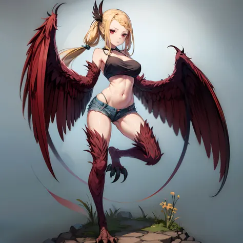 beautiful, masterpiece, best quality, extremely detailed face, perfect lighting, harpy, hmpris, long hair, braided bangs, low ponytail, 1girl, short shorts, crop top, large breasts, full body shot, red eyes