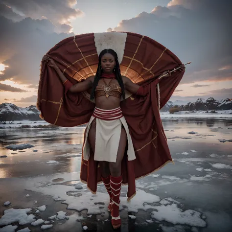 Wide angle shot of an African woman holding a spear and dressed in ancient african clothes of hides and fur, stands on a frozen lake, red colour spread minimally on the frozen lake, red and white layers of colour in the background, giving a grey and white ...