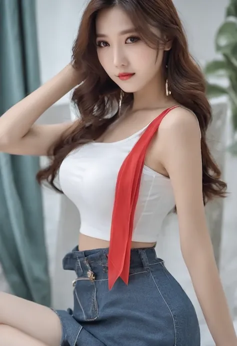 beautiful Korean women，JK Skirt Wearing a Wet T-Shirt and a Miniskirt，full bodyesbian，Slim figure，Oversized bust，slender girl，18 years old girls，ChineseGirl，The T-shirt was torn，Expose the upper part of the chest，Gilet blanc, Lace clothes