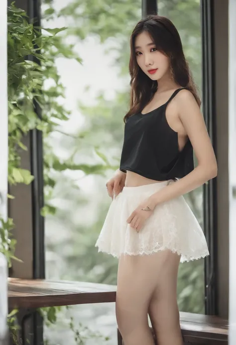 beautiful Korean women，JK Skirt Wearing a Wet T-Shirt and a Miniskirt，full bodyesbian，Slim figure，Oversized bust，slender girl，18 years old girls，ChineseGirl，The T-shirt was torn，Expose the upper part of the chest，Gilet blanc, Lace clothes