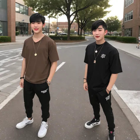 18 year old south East Asian boy with brown and black hair. He is in street wear attire and has a necklace. He is in a college campus located in a city.