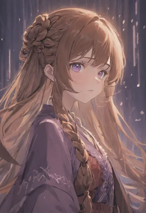 Beautiful noble girl with a cold face, dull purple eyes, long flowing brown hair, sideburns braided.