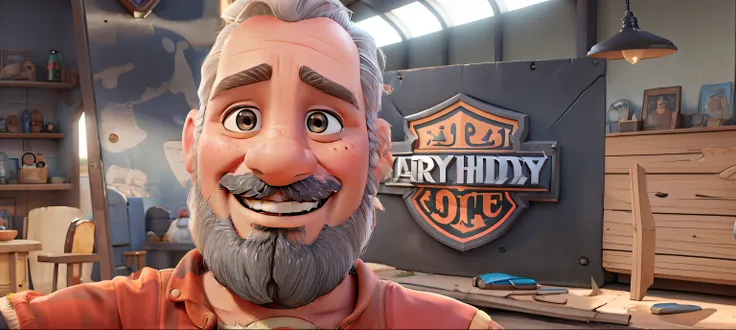 Little gray-haired bearded man of Arab without glasses taking a selfie in front of a Harley Davidson sign Disney pixar style, alta qualidade, melhor qualidade