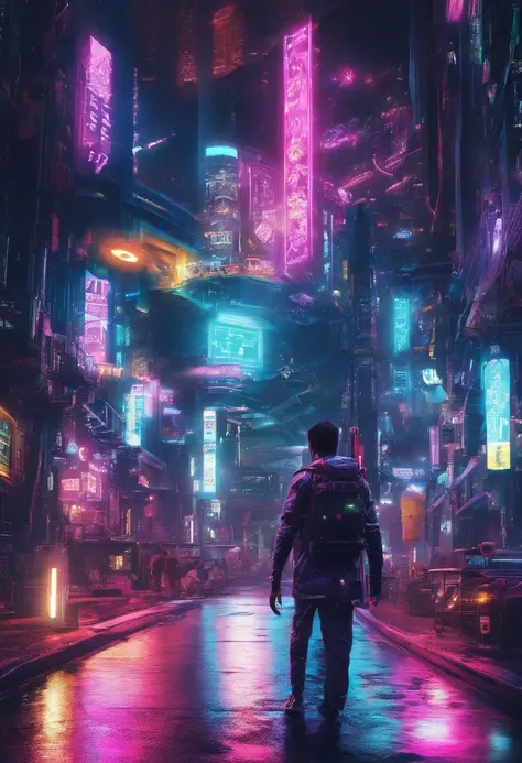 Man walking on the road at night, cyberpunk blade runner art, in the cyberpunk city, cyberpunk street, cyberpunk art style, futuristic street, cyberpunk themed art, Detailed Neon Cyberpunk City, Cyberpunk in Cyberpunk City, Cyberpunk dream landscape, in a ...