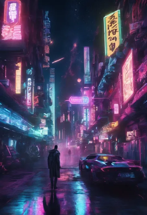 Man walking on the road at night, cyberpunk blade runner art, in the cyberpunk city, cyberpunk street, cyberpunk art style, futuristic street, cyberpunk themed art, Detailed Neon Cyberpunk City, Cyberpunk in Cyberpunk City, Cyberpunk dream landscape, in a ...