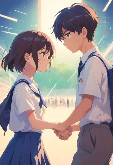 A teen girl and boy dressed in school uniforms shake each others hand