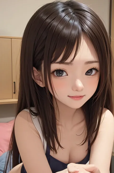 18year old、a smile、brown haired、beautidful eyes、real looking skin、hi-school girl、Bright illustration、small tits、(8K、​masterpiece)、(reallistic、Photorealsitic)、top-quality、ighly detailed、The ultra-detailliert、Beautie、cute little、japanes、Idol