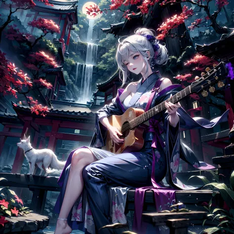 Cinematic lighting,super detailed skin、Beautiful detailed eyes、Best Quality,Perfect Anatomy,(Alternative、dim colors, Soothing tones:1.3),(Detailed beautiful facial features:1.3)Girl in a fancy purple kimono、 （Girl Playing Guitar、Highly detailed hands:1.6）E...