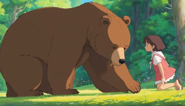 Moe wind, A brown daddy bear guiltily bends down to apologize to the brown bear, Then Bear forgave him。The picture is warm, adolable, Bright colors, Ghibli-like colours, bloom, UHD, masterpiece