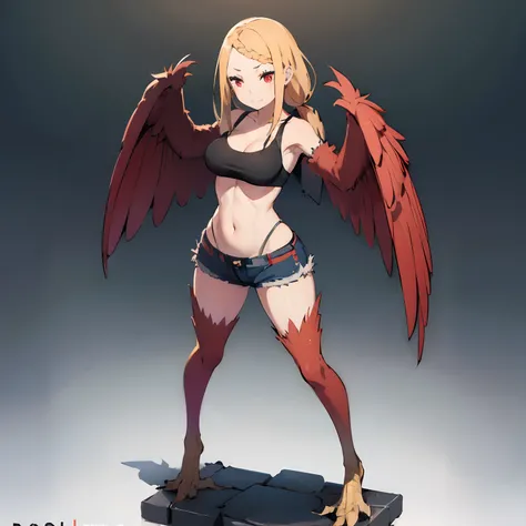 beautiful, masterpiece, best quality, extremely detailed face, perfect lighting, harpy, hmpris, long hair, braided bangs, low ponytail, 1girl, short shorts, crop top, large breasts, full body shot, red eyes