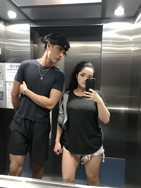 There are two people standing in an elevator looking at their cellphones, em um elevador, no elevador escuro, grupo de pessoas em um elevador, elevador, Tyler Edlin e Natasha Tan, 😭🤮 💔, standing upright like people, Foto tirada em 2018, com torres, Fotogra...