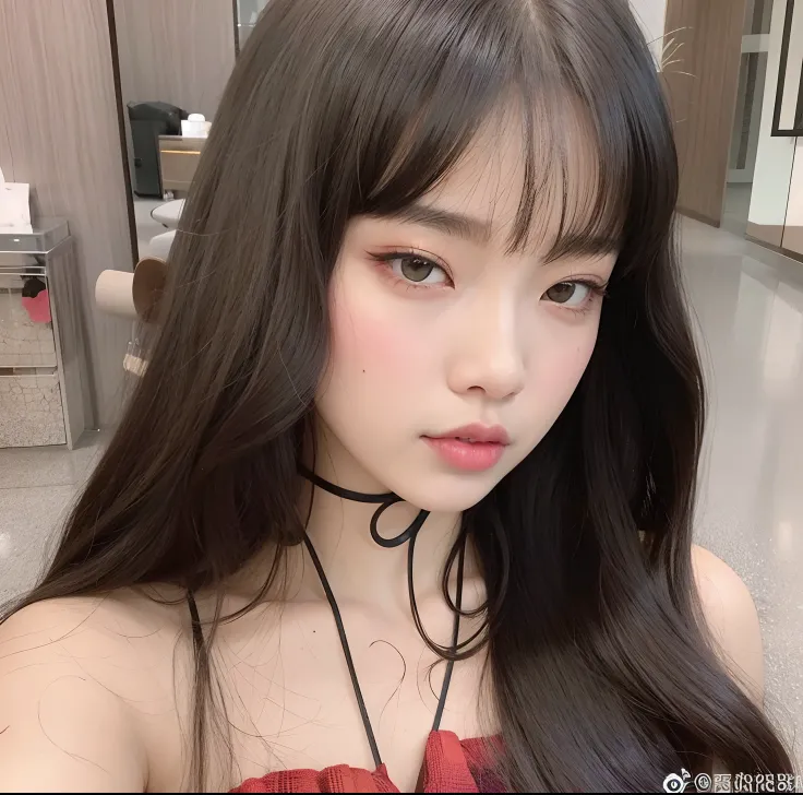 um close up de uma mulher com cabelos longos usando um vestido vermelho, Ulzzang, Lalisa Manobal, Xintong Chen, Ela tem cabelo preto com franja, Xision Wu, Yanjun Chengt, maquiagem sul-coreana popular, preto hime corte cabelo, wan adorable korean face, Sha...