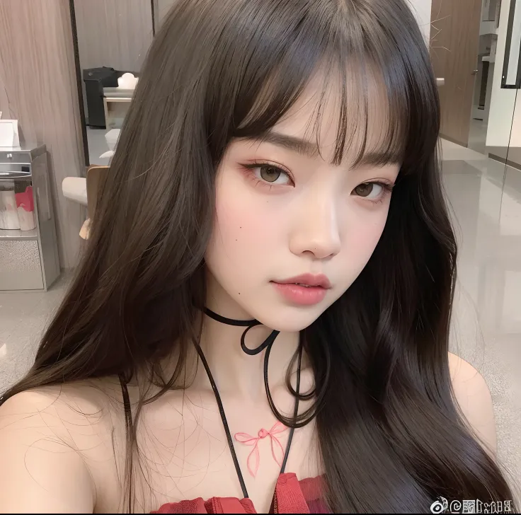 um close up de uma mulher com cabelos longos usando um vestido vermelho, Ulzzang, Lalisa Manobal, Xintong Chen, Ela tem cabelo preto com franja, Xision Wu, Yanjun Chengt, maquiagem sul-coreana popular, preto hime corte cabelo, wan adorable korean face, Sha...