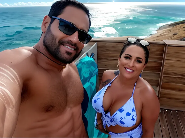 There are two people standing on a deck near the ocean, vacation photo, O oceano ao fundo, na praia, oceano ao fundo, no mar, standing near the beach, imagem de perfil, no oceano, divertindo-se, marido esposa e filho, na praia, on the ocean water, com rost...