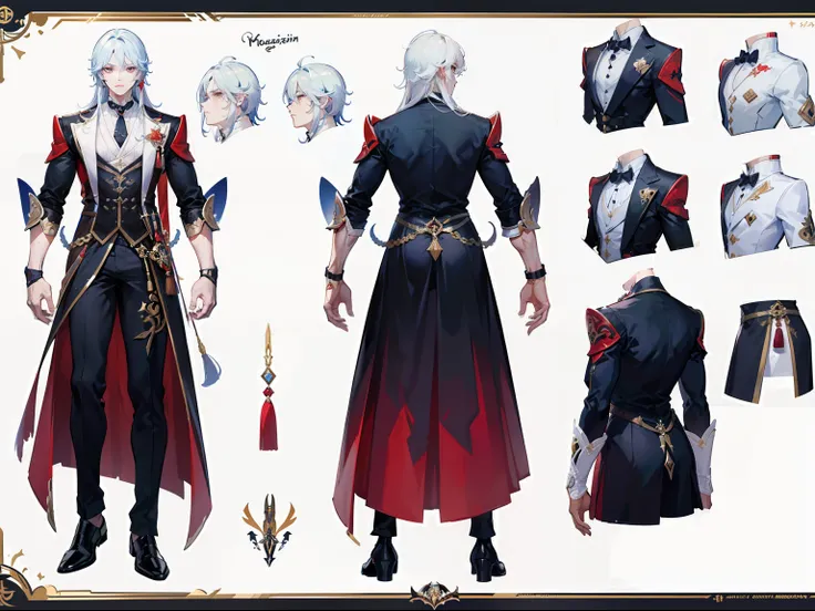 ((Masterpiece, Highest quality)), Male, boy, Detailed face, character design sheet， full bodyesbian, Full of details, frontal body view, back body view, Highly detailed, Depth, Many parts, Muscle boy with white long hair，handsome man, vampire outfit clothe...