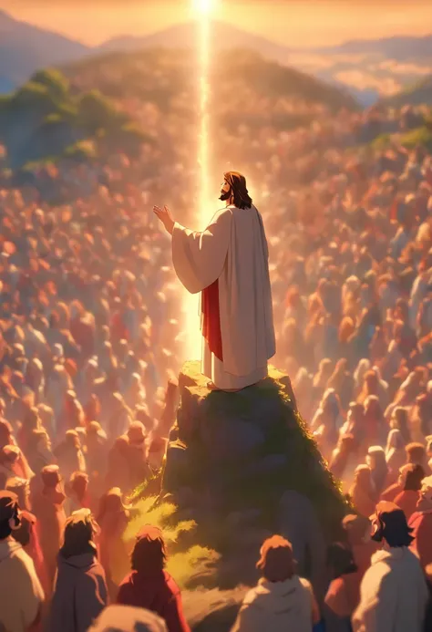 Create a 3D poster of Jesus standing preaching to the crowds on the top of the mountain, estilo pixar, people fascinated by the preaching of Jesus Christ.