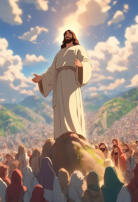 Create a 3D poster of Jesus standing preaching to the crowds on the top of the mountain, estilo pixar, people fascinated by the preaching of Jesus Christ.