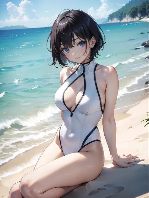 The ultra -The high-definition、high-level image quality、top-quality、Full feet and hands、complete fingers、Beautuful Women、1 persons、ssmile、Bery short hair、White swimsuit、sprawl、all-fours