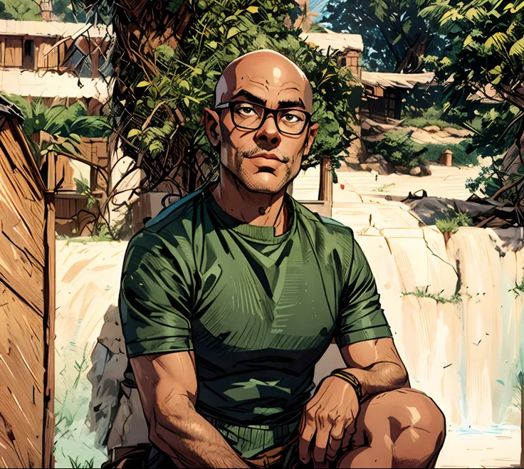 Bald afro-descendant man with glasses sitting