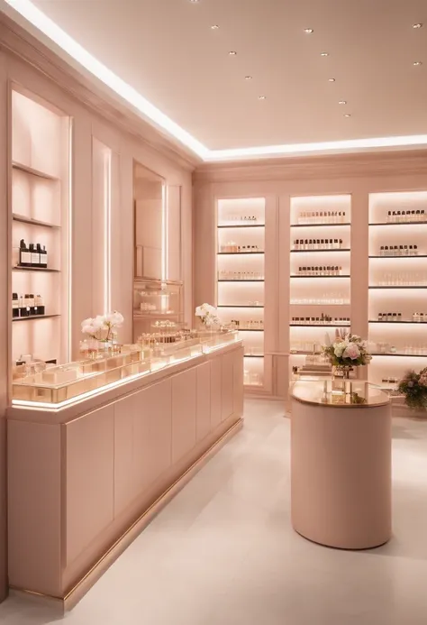 showcase of a womens perfume store in a simple modern style of small size with light colors with the name Parfumania