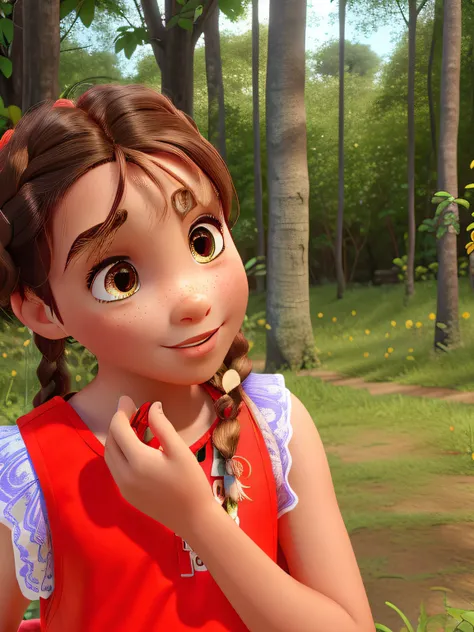 Young brown haired girl with two braids, camisola vermelha, num fundo de floresta ao estilo PIXAR