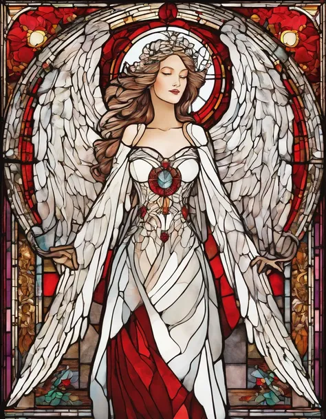 singer in a white half mask, big wings of angel , vestido vermelho longo, innocence, hidromel . vitral