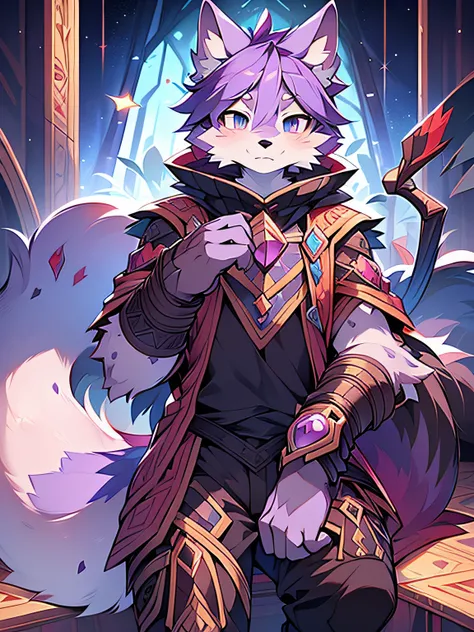 Rystal, Star Fox, Male,Dark purple hair， (A detailed), fluffly, Solo, Meticulous and realistic, A detailed eye, ( Amethyst pupils), ((Blood-colored eyes)), Excellent quality, high detal, Detailed fur, ((The tail is in the right place) ，nakeness ，