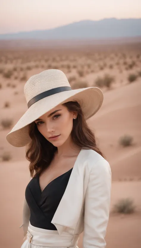 A young woman wearing a straw hat standing in the desert wearing a white dress and black leather jacket, no estilo da fotografia de celebridades, Foto tirada com Provia, retrato sincero, genderless, couro/esconder, joias modernas, Flickr