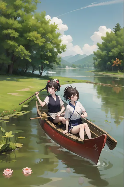 Dragon Boat Festival, On the surface of the water there are 3 children wearing hanfu rowing on the dragon boat, There is a delicious zongzi on the boat, Zongzi green is highly detailed, The best quality, There are lotus leaves on the water, A highly detail...