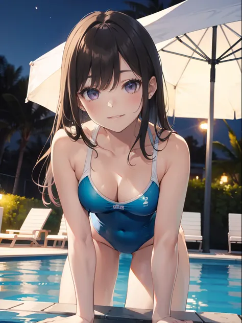 The ultra -The high-definition、high-level image quality、top-quality、Full feet and hands、complete fingers、Beautuful Women、1 persons、ssmile、Pink swimsuit、sprawl、all-fours、Night Pool