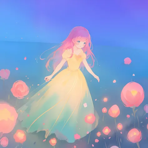 beautiful girl in puffy glowing ballgown, a field with round puffball pink flowers, otherworldly flowers, whimsical landscape, long pink flowing hair, watercolor illustration, inspired by Glen Keane, inspired by Lois van Baarle, disney art style, by Lois v...