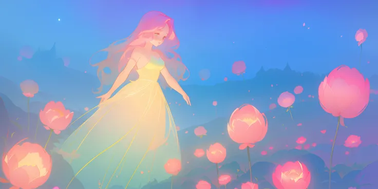 beautiful girl in puffy glowing ballgown, a field with round puffball pink flowers, otherworldly flowers, whimsical landscape, long pink flowing hair, watercolor illustration, inspired by Glen Keane, inspired by Lois van Baarle, disney art style, by Lois v...