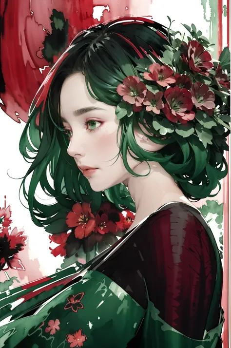 1girl, red and black flowers, Lisianthus ,in the style of black, light red and light green, dreamy and romantic compositions, pale pink, ethereal foliage, playful arrangements,fantasy, high contrast, ink strokes, explosions, over exposure, light and green ...