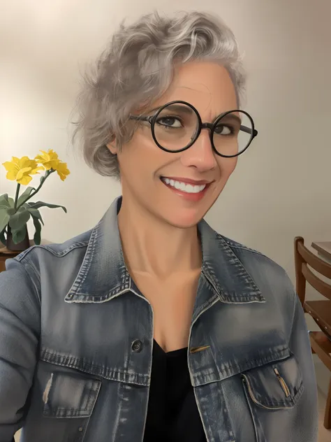 smiling woman with glasses and denim jacket holding a plate of food, imagem de perfil, wearing small round glasses, wearing thin...