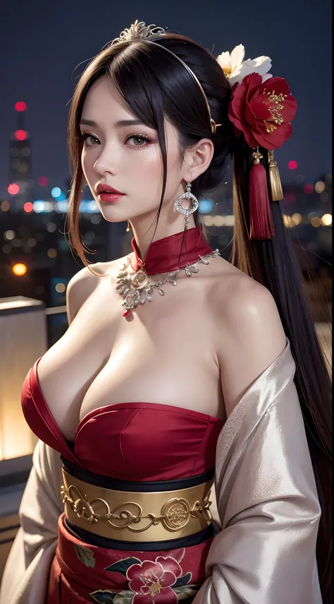 (hyper realstic)、Modern Oiran、(Female Ninja of the 21st Century)､Beautie　　high-level image quality　hight resolution　(Realistic)　Shorthair､Woman with dark hair、A MILF、Middle-aged woman、Big big、Detailed red-black 、detailed skin textures、超A high resolution、Re...