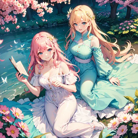 (best quality, 8k, masterpiece:1.2, nsfw ),Cutest,Cute girl,mesugaki,Beautiful face,Beautiful eyes,Beautiful hair, Light pink hair,Lots of colorful flowers,sunshine,peaceful garden,summer dress,holding a book,smiling,golden hour lighting,vibrant colors,hap...