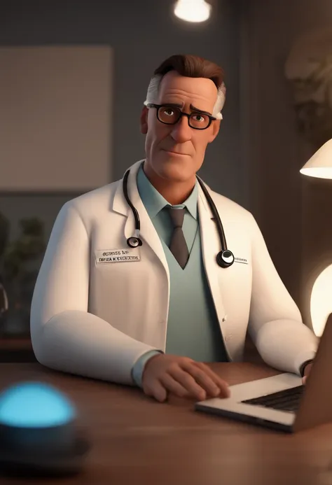 Create an image of a 46-year-old doctor, sorrindo, usando oculos retangular, sendo musculoso. In the image, the doctor is sitting at a table with an open laptop, precisa ser pixar- disney 3 d. Caractere estilizado, animation style rendering, 3D estilizado,...