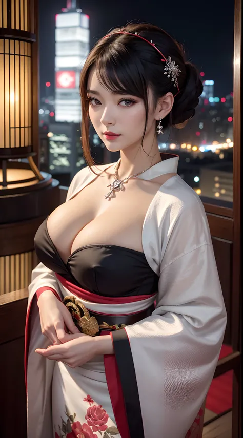 (hyper realstic)、Modern Oiran、(Female Ninja of the 21st Century)､Beautie　　high-level image quality　hight resolution　(Realistic)　Shorthair､Woman with dark hair、A MILF、Middle-aged woman、Big big、Detailed red-black 、detailed skin textures、超A high resolution、Re...