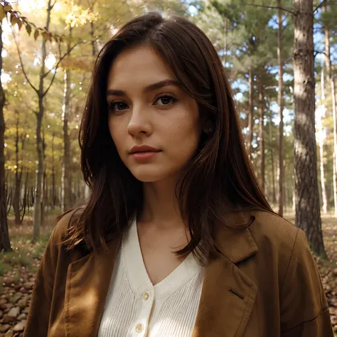 Persona mujer,  piel clara,  brown hair, ojos verdes. Standing in an autumn forest