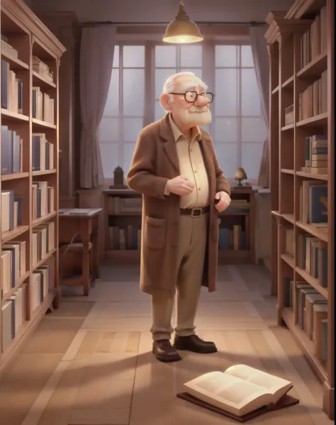 A wise old man standing in front, illuminated by the light of a lamp, against the backdrop of a library