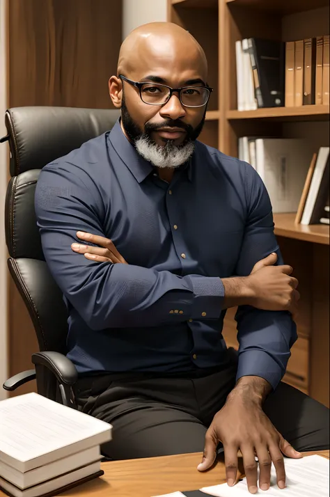 Full HD image 40 years old bald black man with thin beard is sitting in his office chair with his arms resting on the table along with his bible