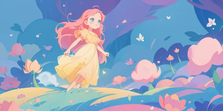 beautiful girl in puffy glowing ballgown, a field with round puffball pink flowers, otherworldly flowers, whimsical landscape, long pink flowing hair, watercolor illustration, inspired by Glen Keane, inspired by Lois van Baarle, disney art style, by Lois v...