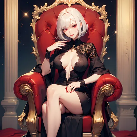 (((Solo))) Vampire woman with short white hair, (red eyes), ((wearing a sexy black dress)), stockings, wearing a red necklace, character is wearing gloves, (mature woman Anna), ((large chest)), curvy hips, long legs, detailed eyes, (in a dark castle), (((m...