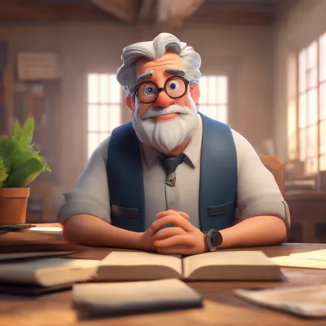 Crie um cartaz inspirado na Disney Pixar com o personagem sendo o pastor Rubens Janier, A gray-haired man wearing glasses, in an office with a Bible on the table, Looking forward and serious