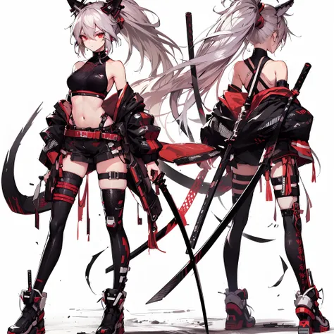 (masutepiece, Best Quality), (Perfect athlete body:1.2), (detailed hairs), Ultra-detailed, Anime style, Full body, Cyberpunk was a fox ninja girl, Wear red clothes, Black, And white street punk wear, many swords, Wear long boots, 8K High Resolution, trend ...